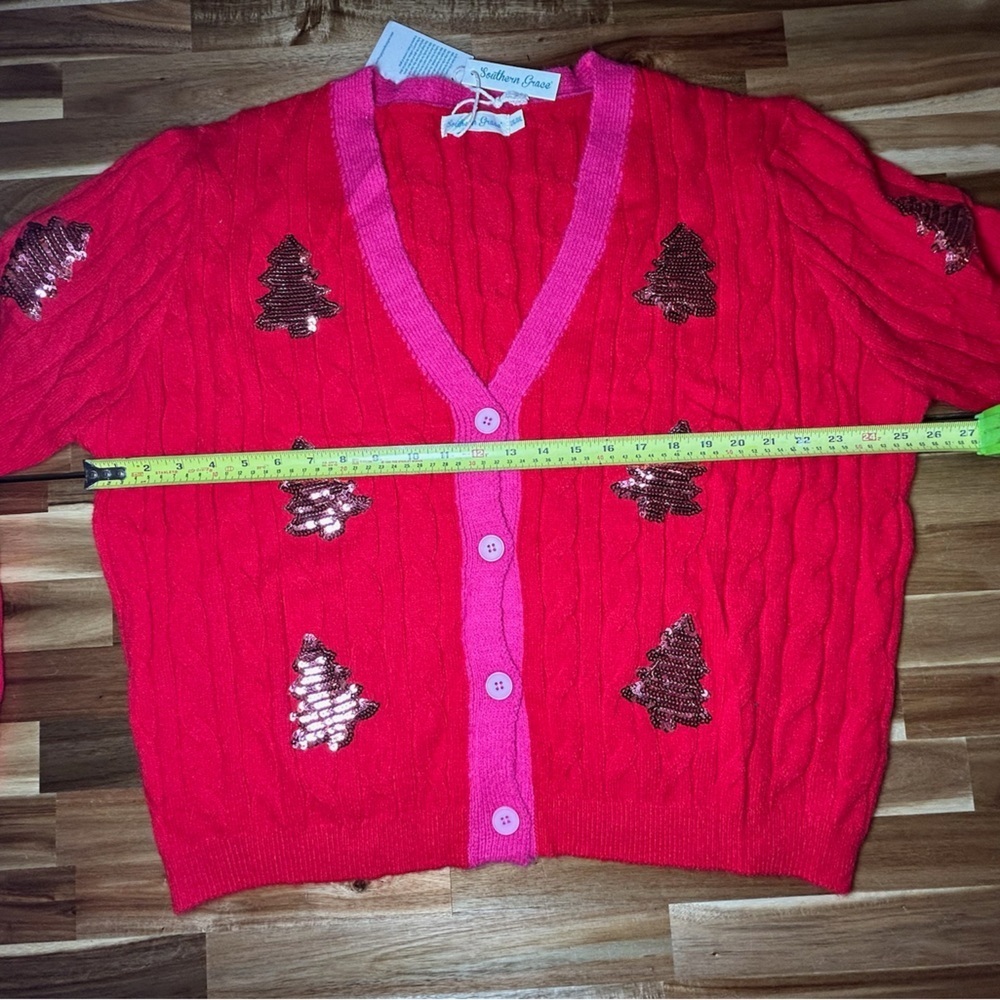 Southern Grace Bright Red Button Down Oversized Cardigan Pink Trim Sequin Trees - Picture 6 of 11